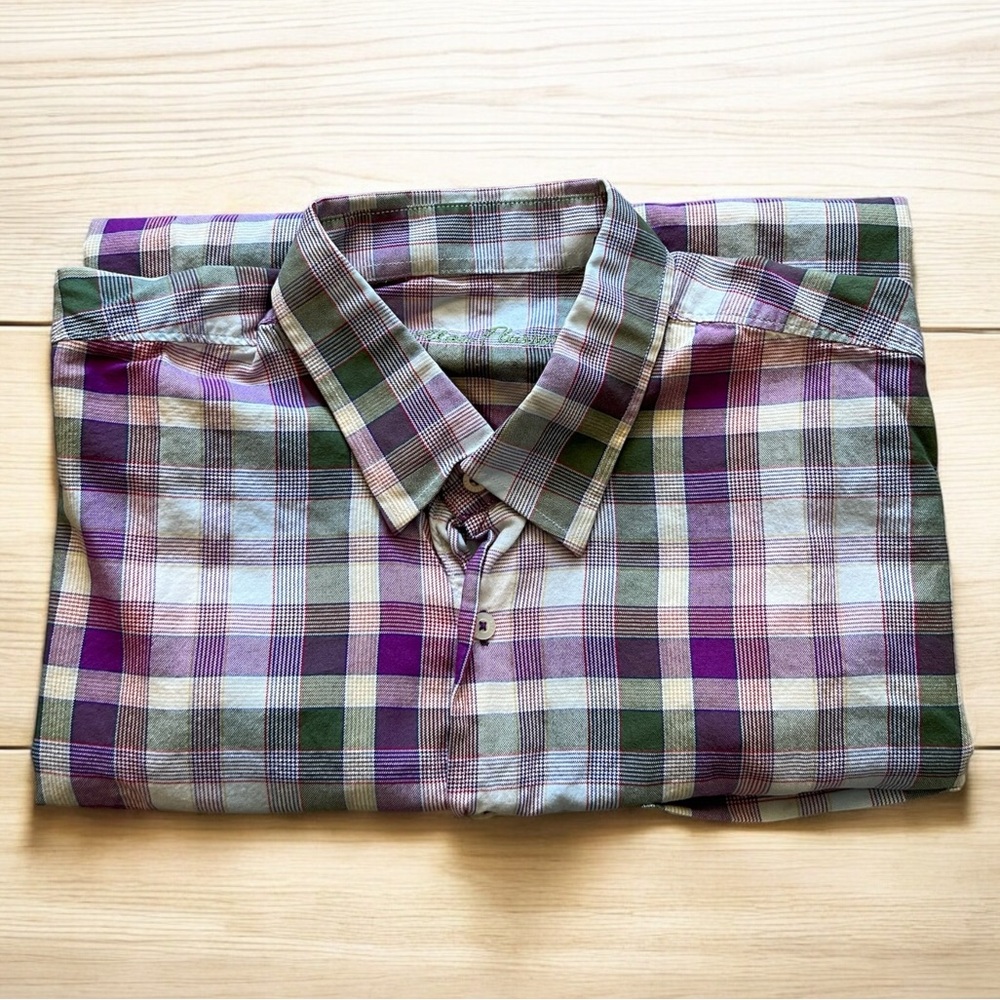 Alan Flusser Men’s Purple and Green Plaid Button Down Shirt - XL